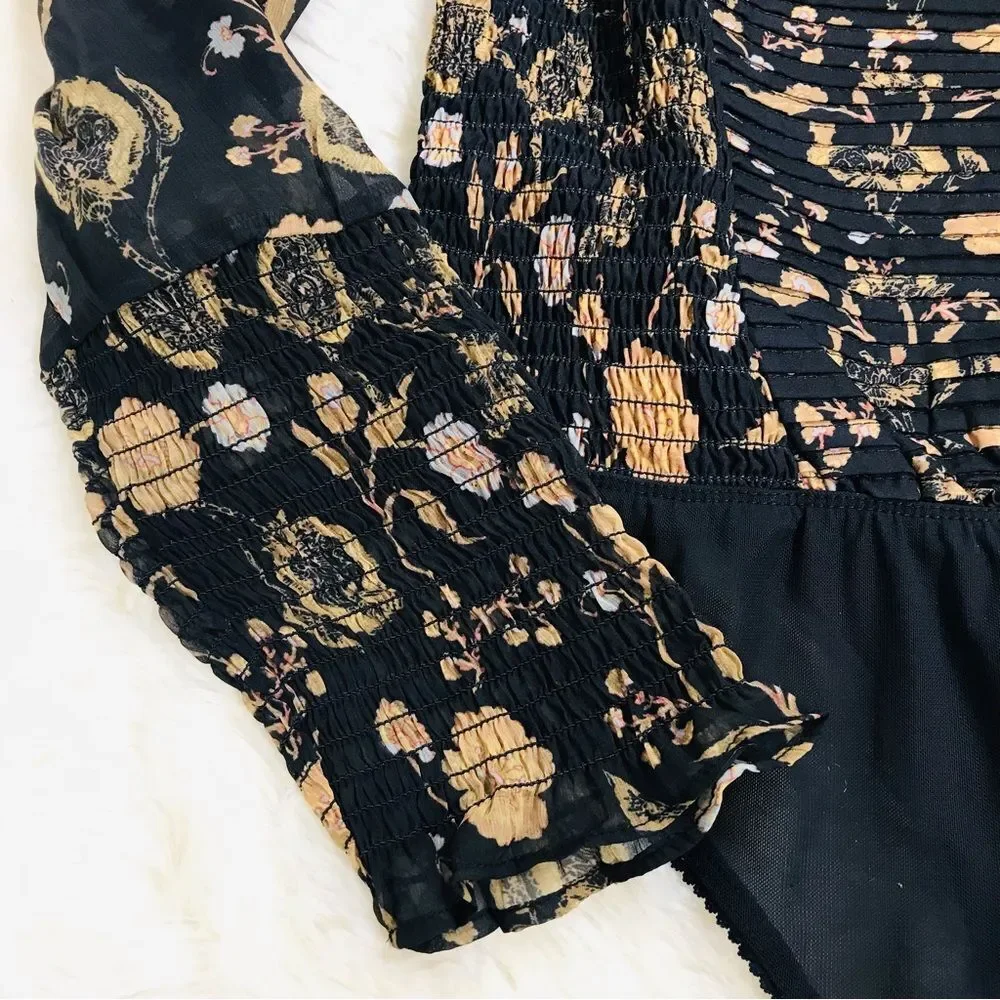 FREE PEOPLE Brunch Date Thong Bodysuit Floral Pleated Sheer Femme Size Small New